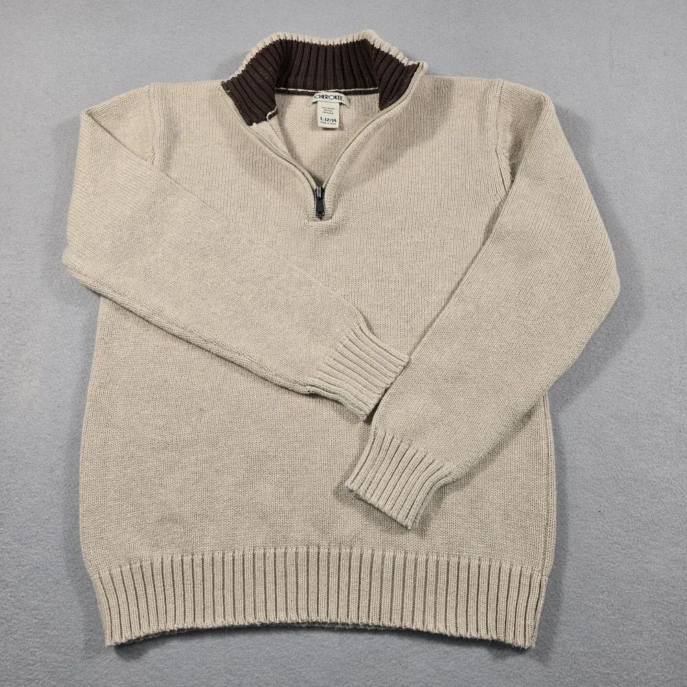 Cherokee Kids L 12/14 Tan Quarter‎ Zip Sweater Mock Neck Cotton Ribbed Trim